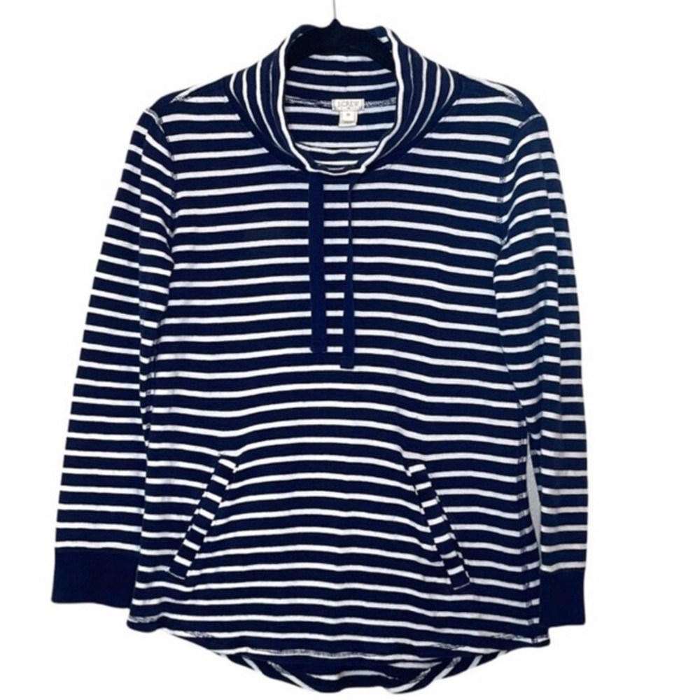 J. Crew Factory Navy Blue & White Striped Cowl Neck Pocket Sweater